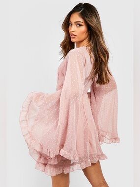 NWT Boohoo Dobby Chiffon Wide Sleeve Skater Dress - Blush